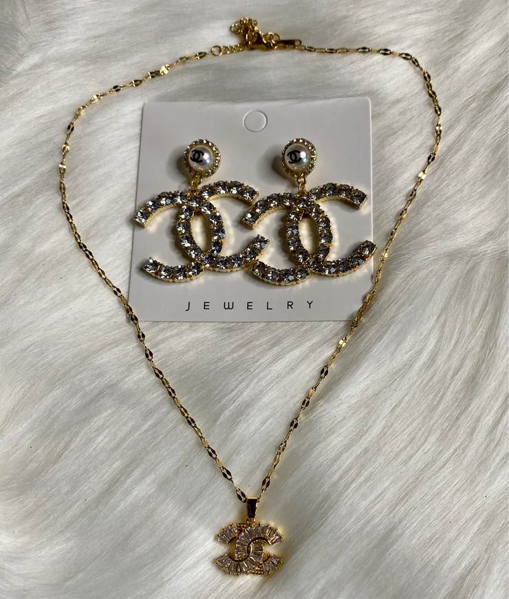 Chanel Vintage Silver CC logo With Black Rhinestone Pendant Necklace